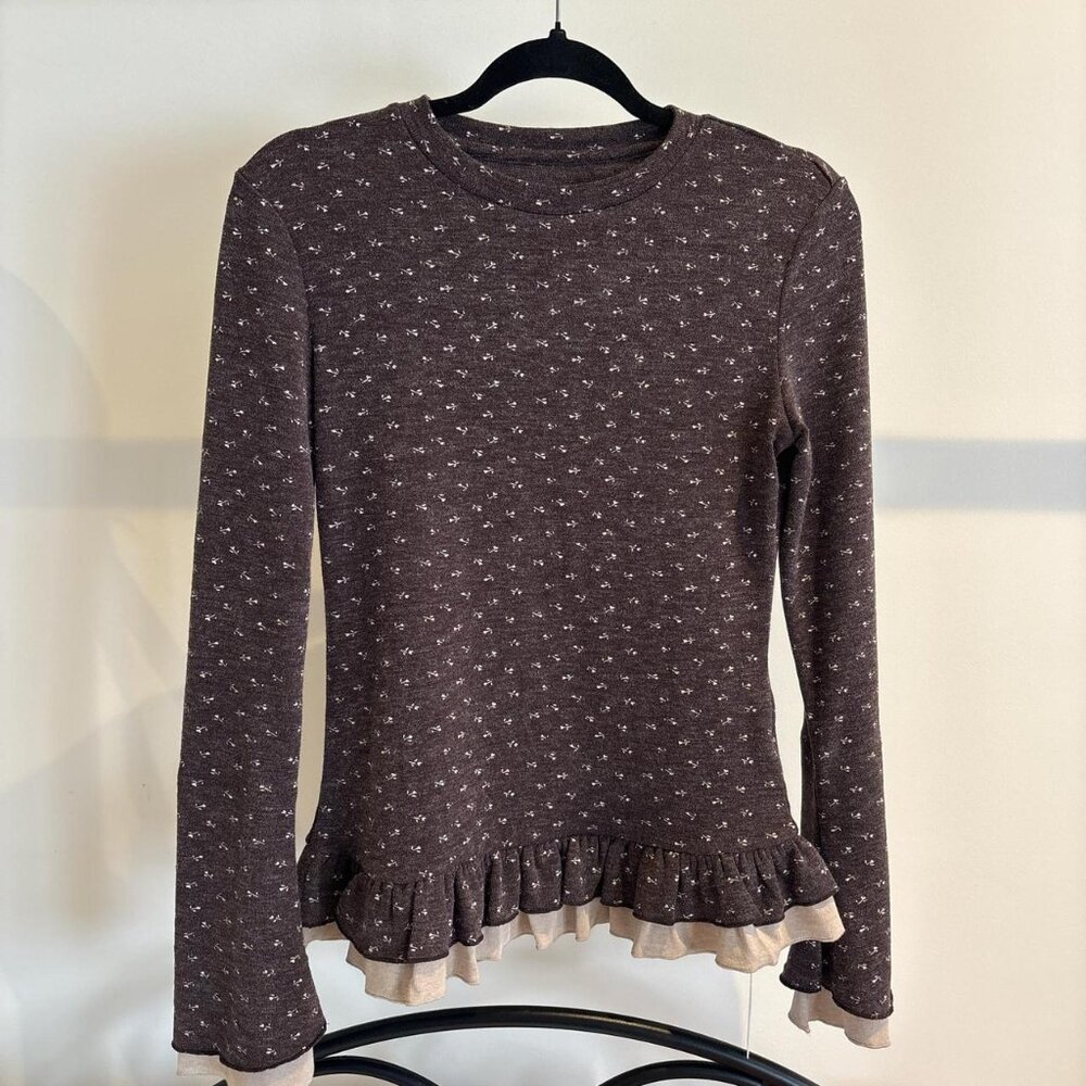 Brown And Cream Long Sleeve Floral Top with Ruffles